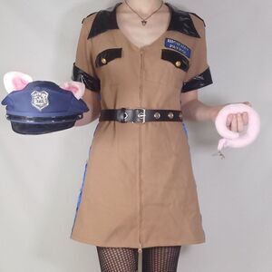 Black Latex Lined Police Costume w/ Hat, Ears & Tail Included